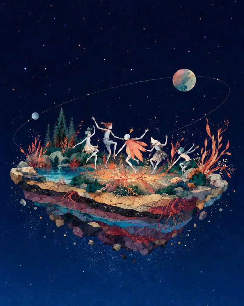 Illustrated floating island with painted earth layers, small figures dancing on top, a moon above