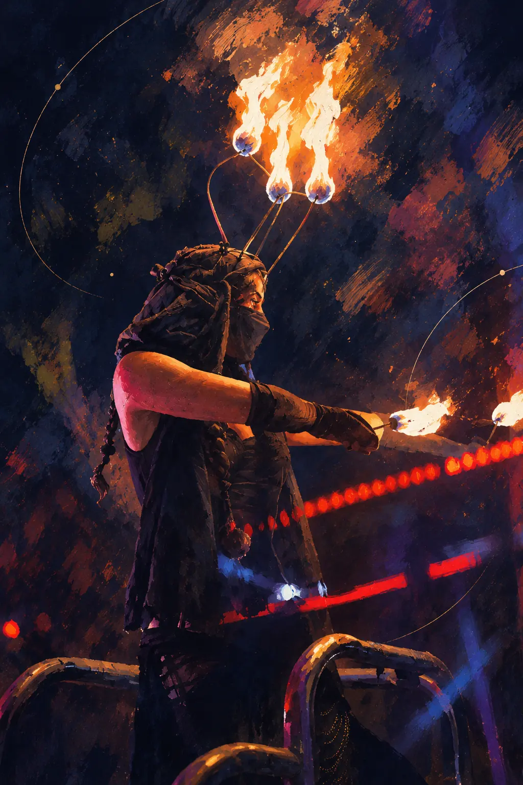 Fire performer at night with three flames on the headdress, red stage light behind