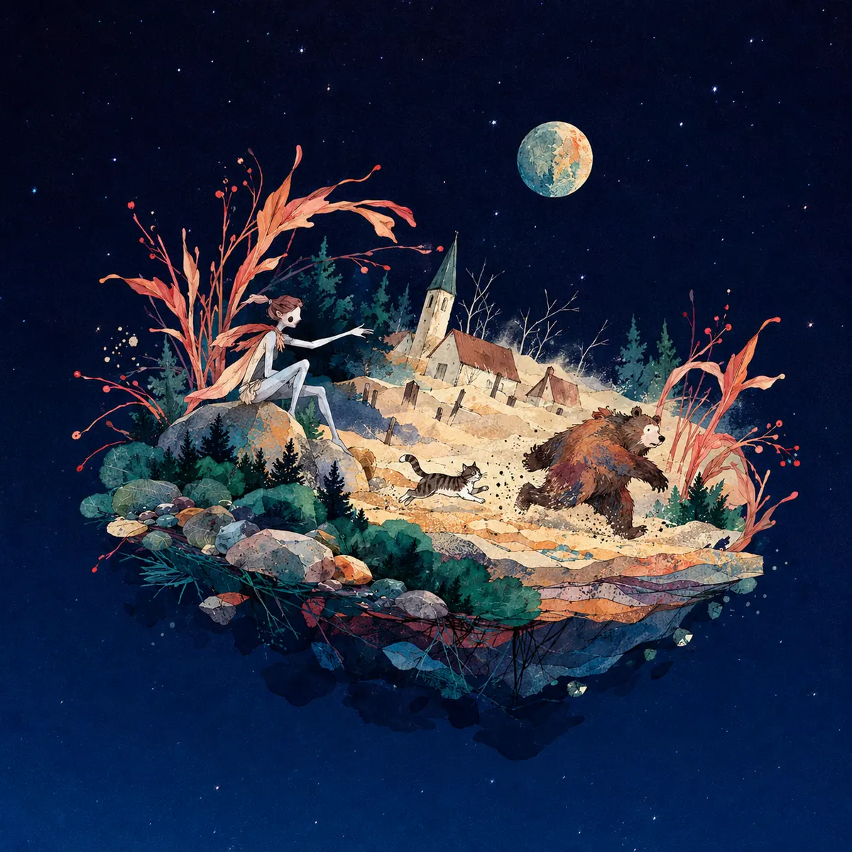 A village with a church tower sinking into the sand, a cat chasing a bear, a figure watching