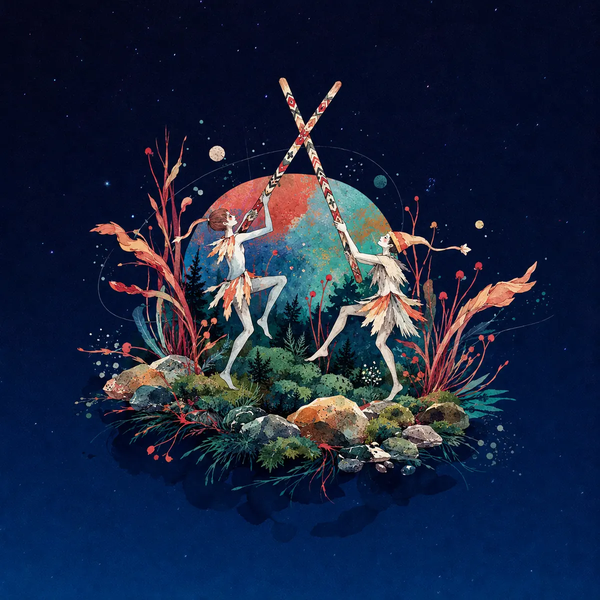 Two figures crossing two painted dance sticks in front of a coloured moon