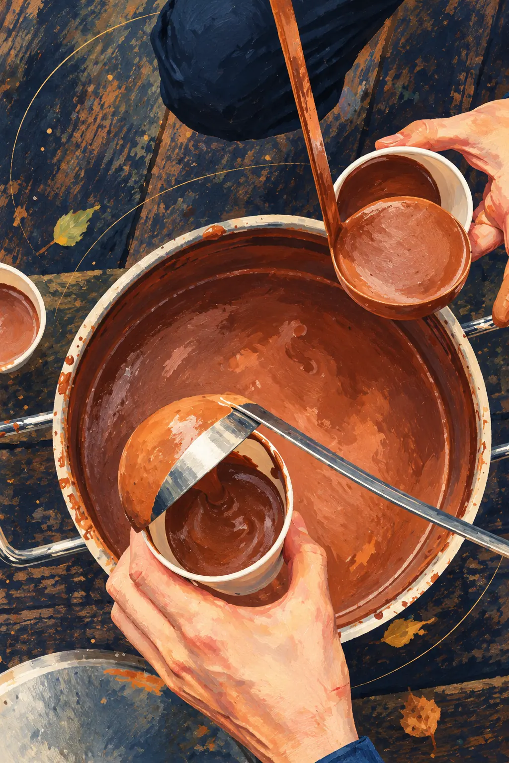 Hands ladling cacao from a big copper pot into paper cups