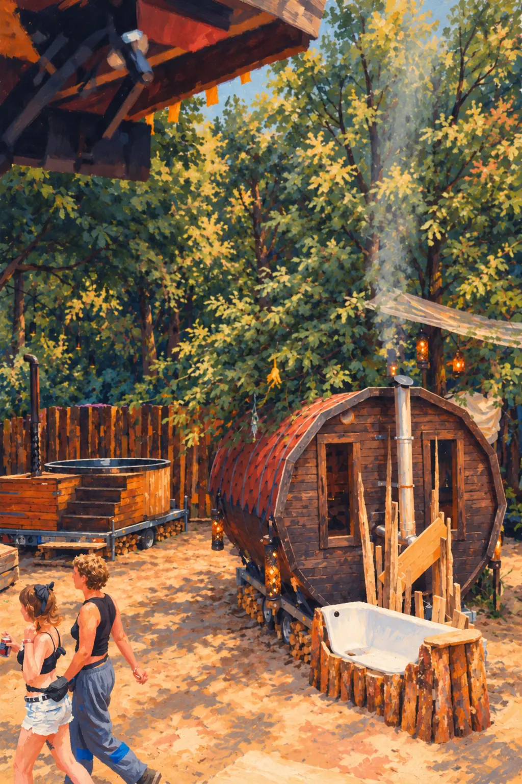 A barrel sauna and a bathtub on sandy ground under trees, two people walking past
