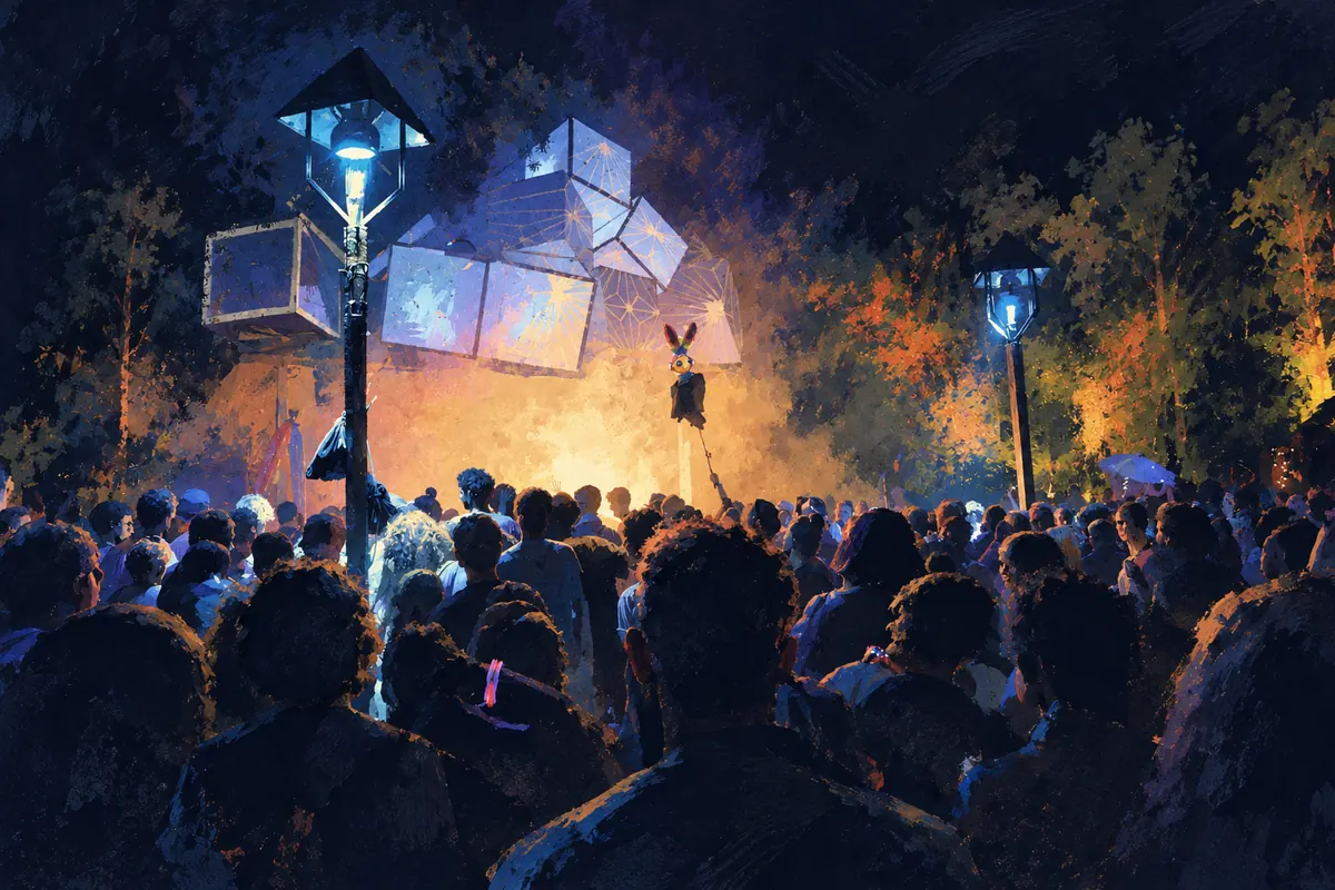 Night dance floor in the forest, a crowd under glowing cubes of light