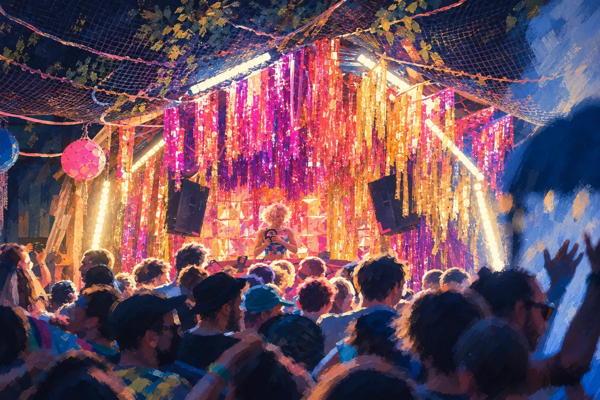 A DJ booth hung with shiny pink and gold streamers, a crowd dancing in front of it