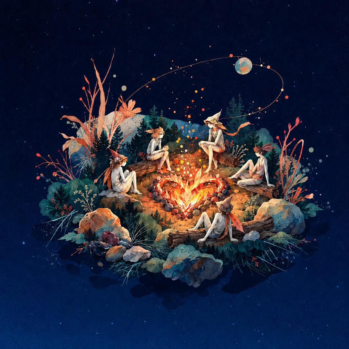 Figures sitting on logs around a heart shaped fire, a moon above