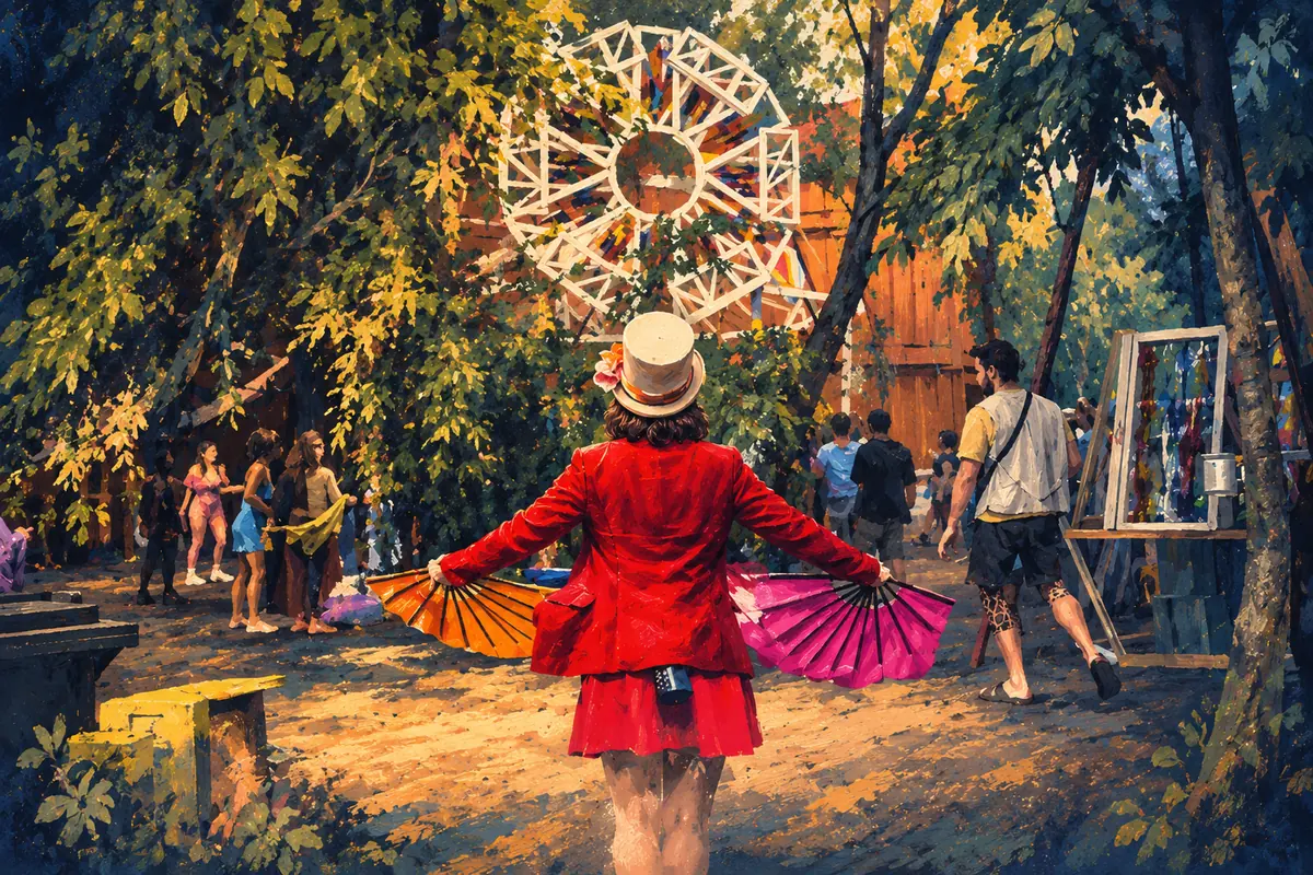 A person in a red jacket and top hat holding two fans, seen from behind, walking towards a wooden structure in the forest