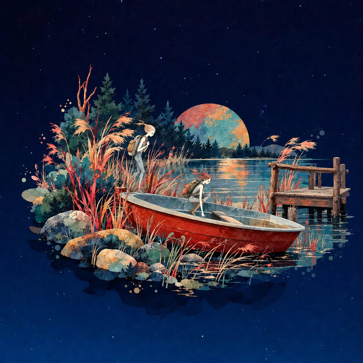 A red rowing boat in the reeds, a wooden jetty, a figure on the shore, a moon over the lake