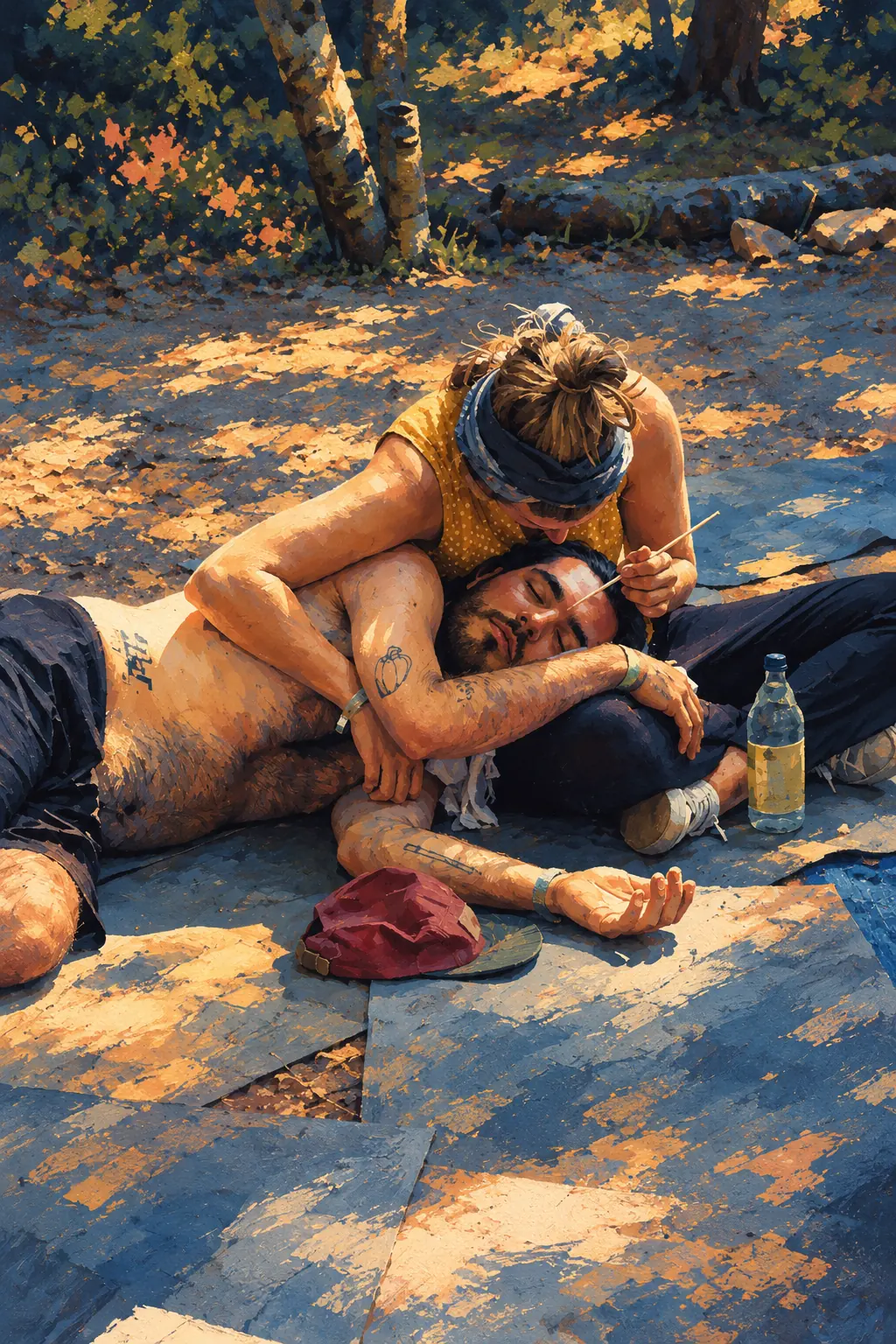 Two people lying close together on mats in the shade, one head resting on the other person’s shoulder