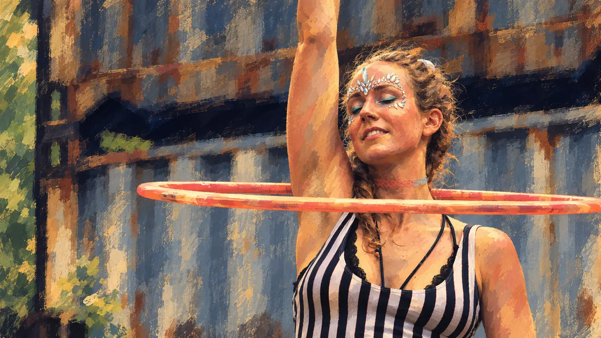 A woman with face jewellery spinning a hula hoop, one arm raised