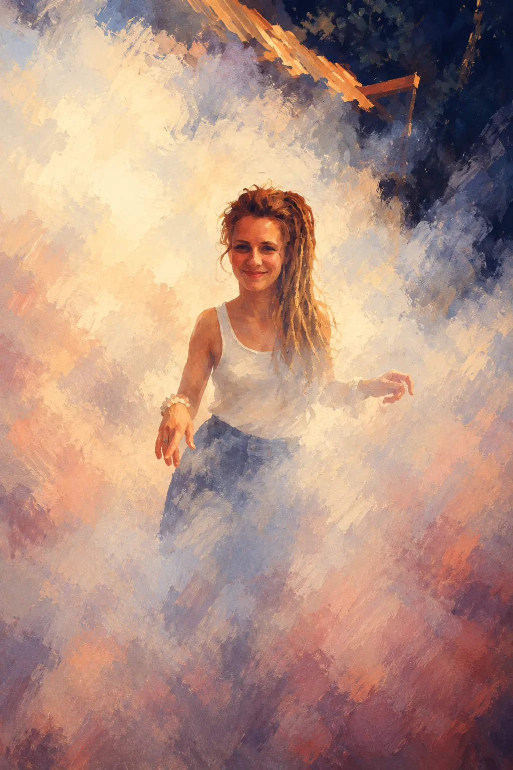 A smiling woman stepping out of bright mist, arms open