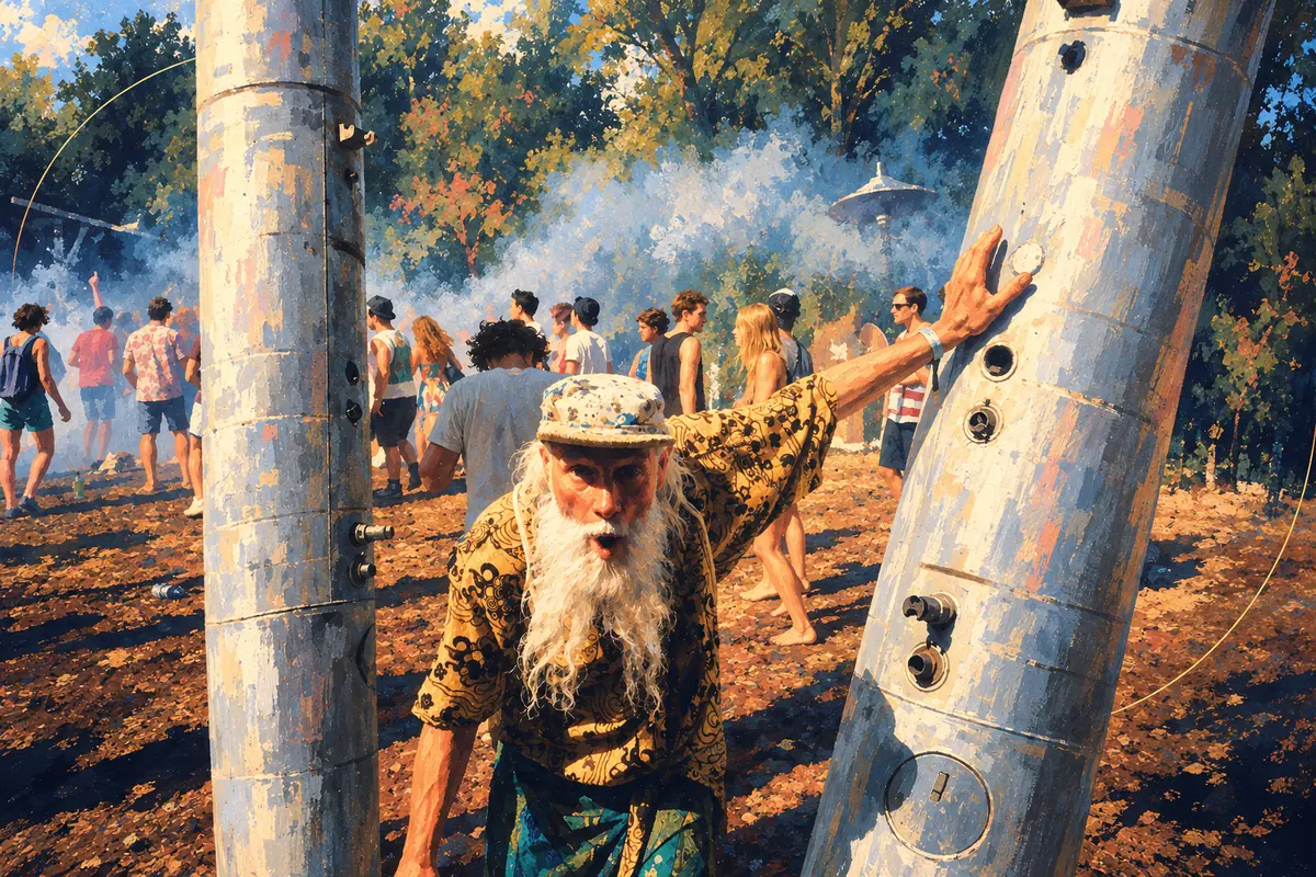 An older man with a white beard and a patterned shirt walking between silver columns, people dancing behind him
