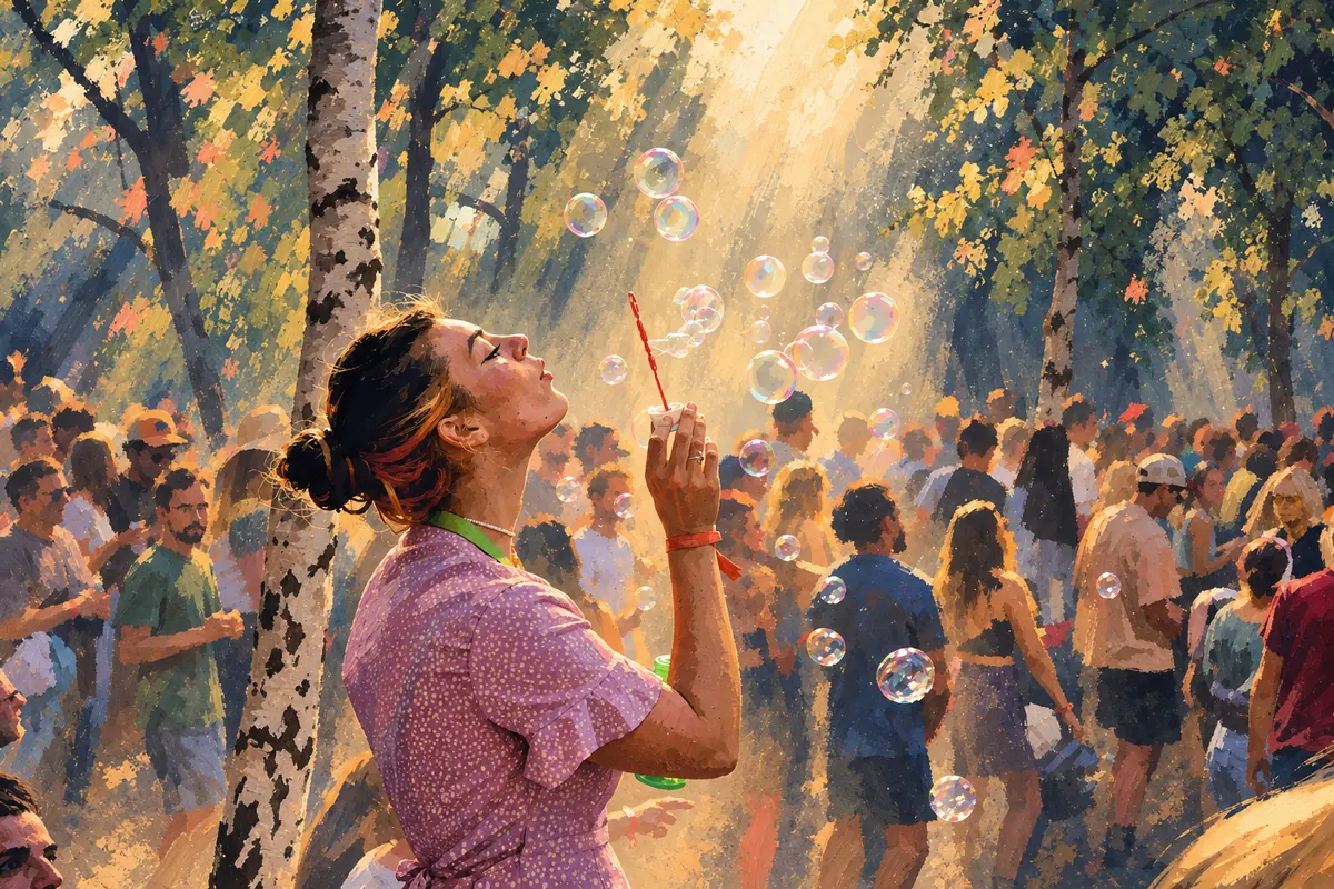 A woman blowing soap bubbles in sunlit forest, a crowd behind her