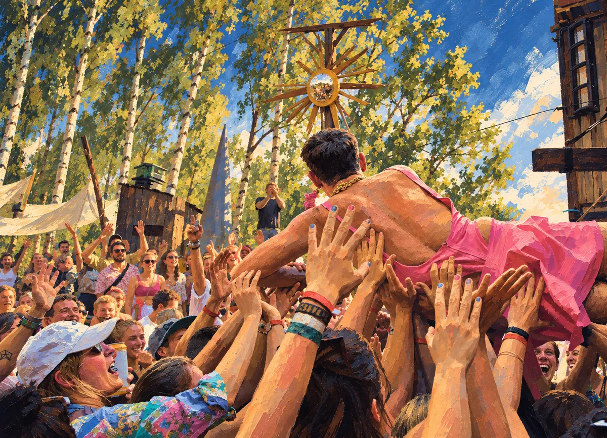 A person in a pink dress carried on raised hands over a crowd, birches and a star on a pole behind
