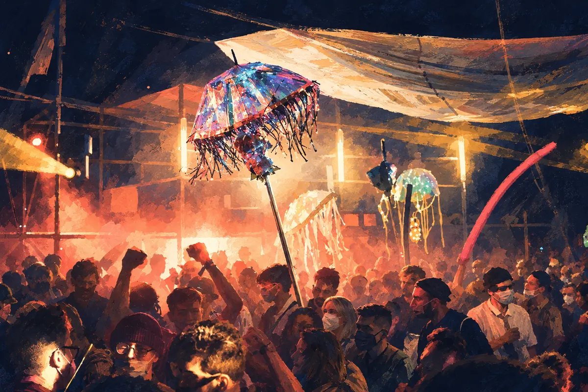 A glowing umbrella on a pole over a dancing crowd at night, cloth sails above