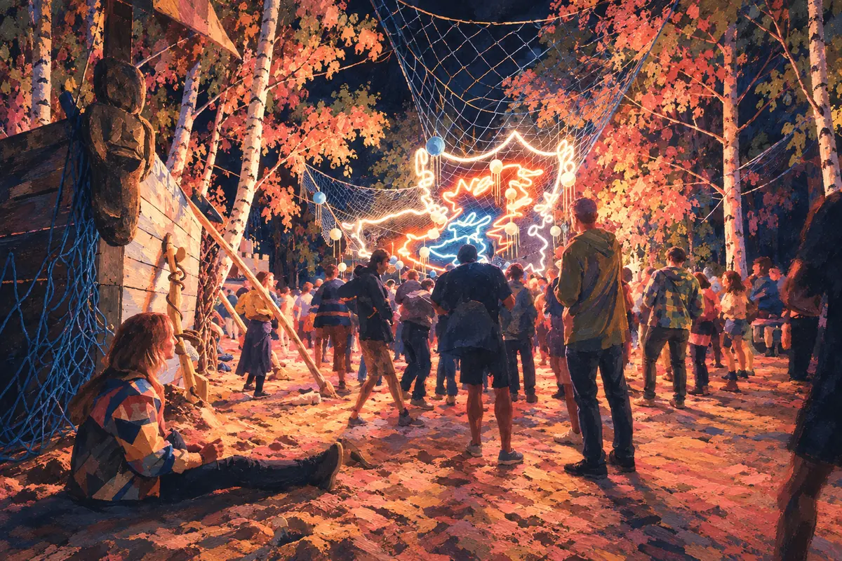 Light nets strung between pines over a sandy path, people walking at night