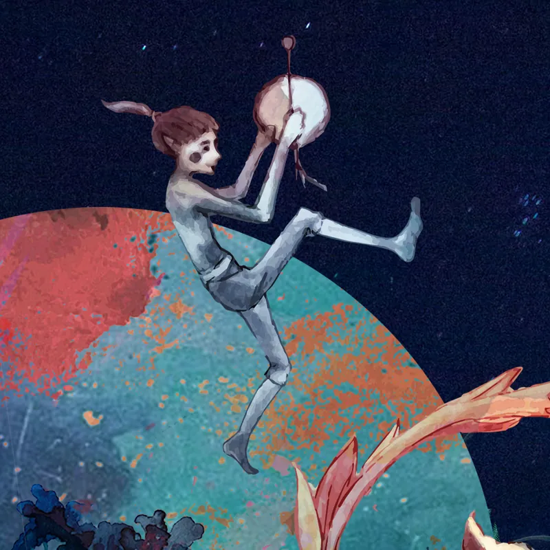 A figure dancing on a planet while playing a frame drum