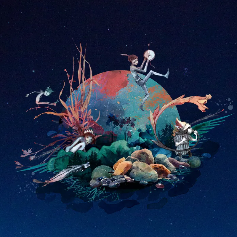 A floating island of plants, stones and small figures in front of a coloured moon