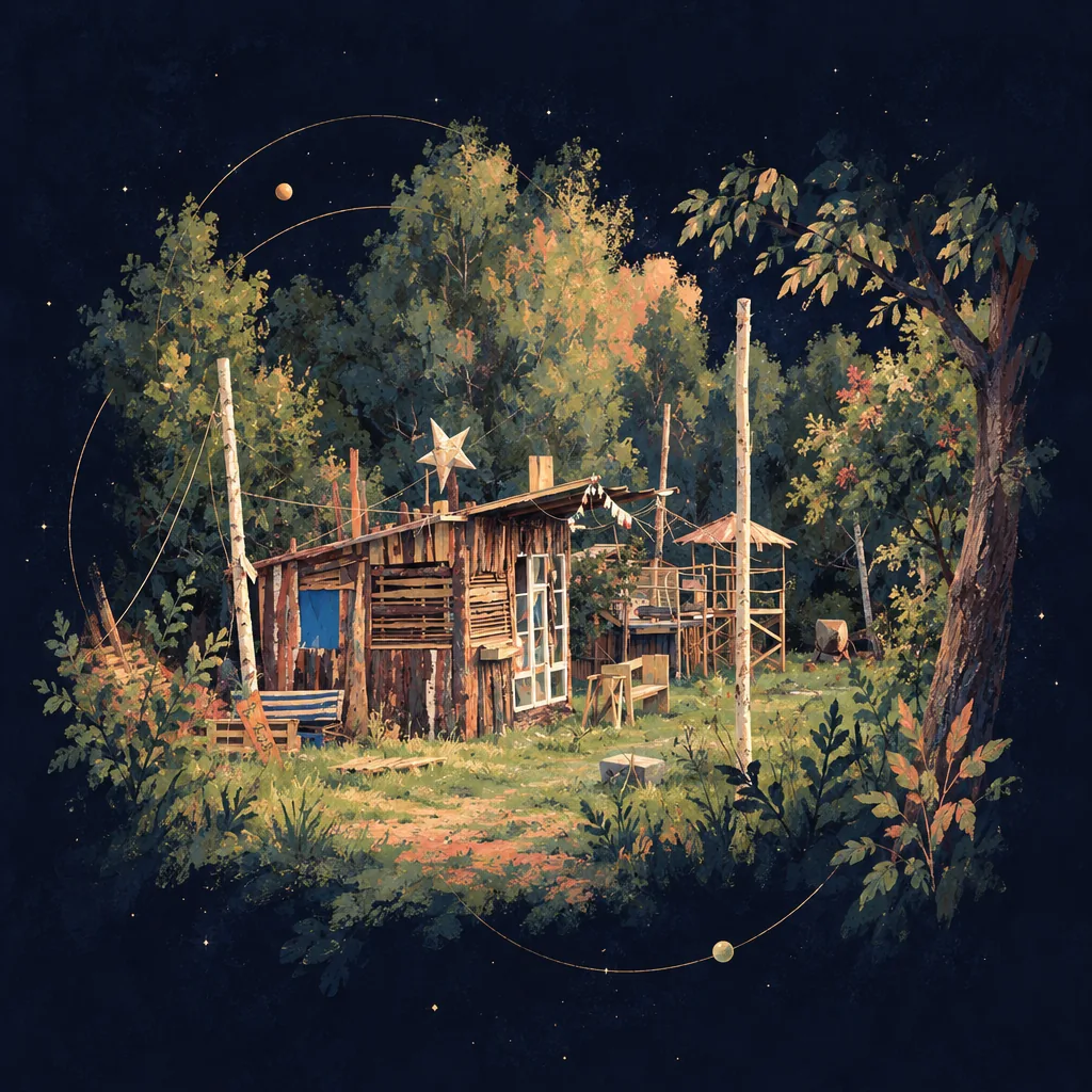 Painted wooden hut at the edge of a forest, a star on a tall pole, night sky
