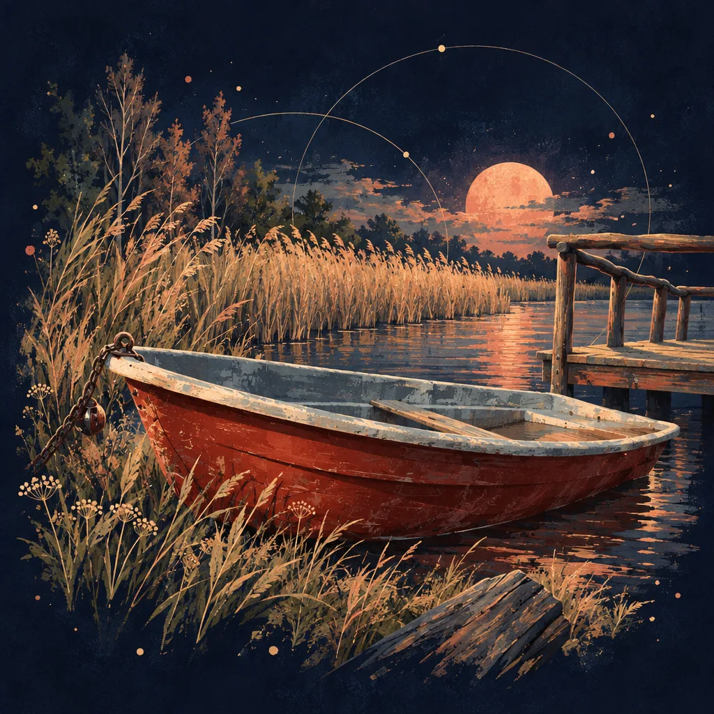 Painted rowing boat in the reeds at a lake shore, a wooden jetty beside it, a red moon in the night sky