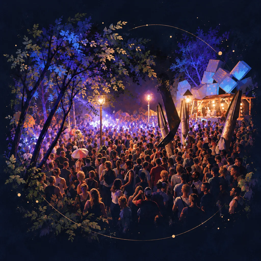 Illustration of a night dance floor in the forest, a crowd under purple light and lanterns