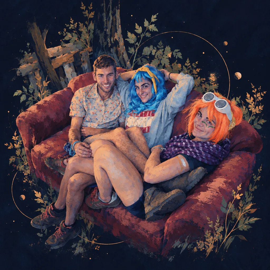 Illustration of three friends sitting close together on a red sofa in the forest
