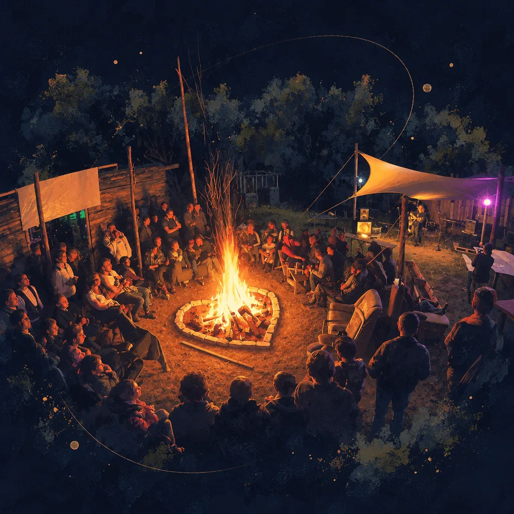 Illustration of people sitting around a heart shaped campfire at night