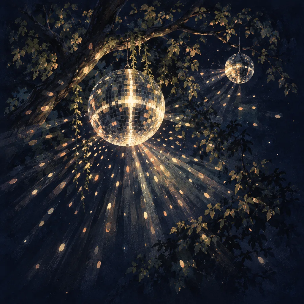 Illustration of glowing mirror balls hanging in a tree crown at night