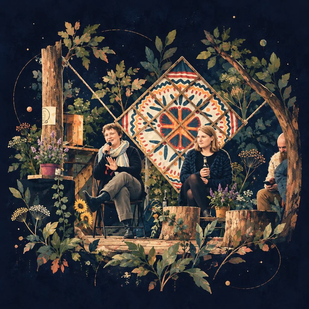 Illustration of a talk on a small open air stage decorated with plants and a patterned backdrop