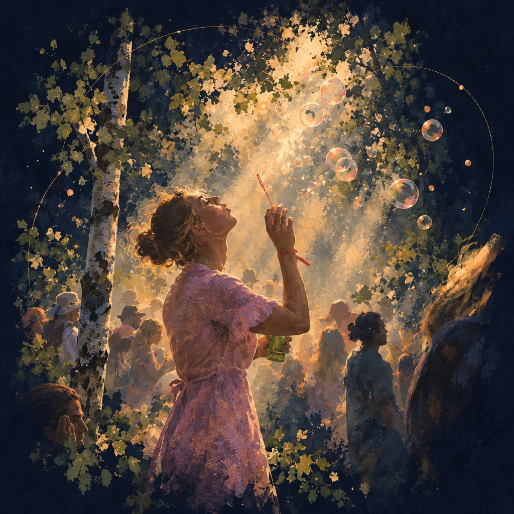 Illustration of a woman blowing soap bubbles in sunlit forest