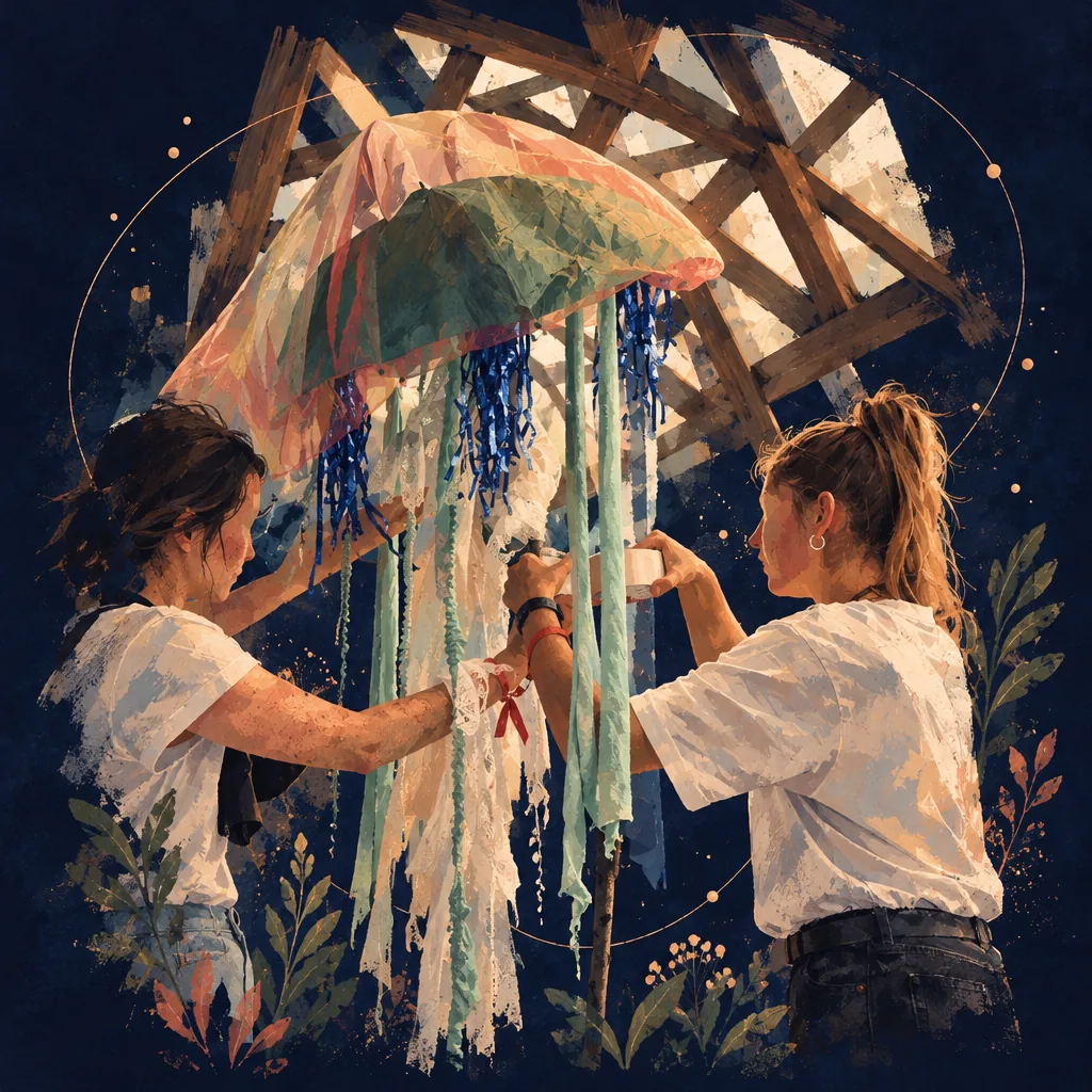 Illustration of two people tying colourful fabric strips into a jellyfish decoration under a wooden roof
