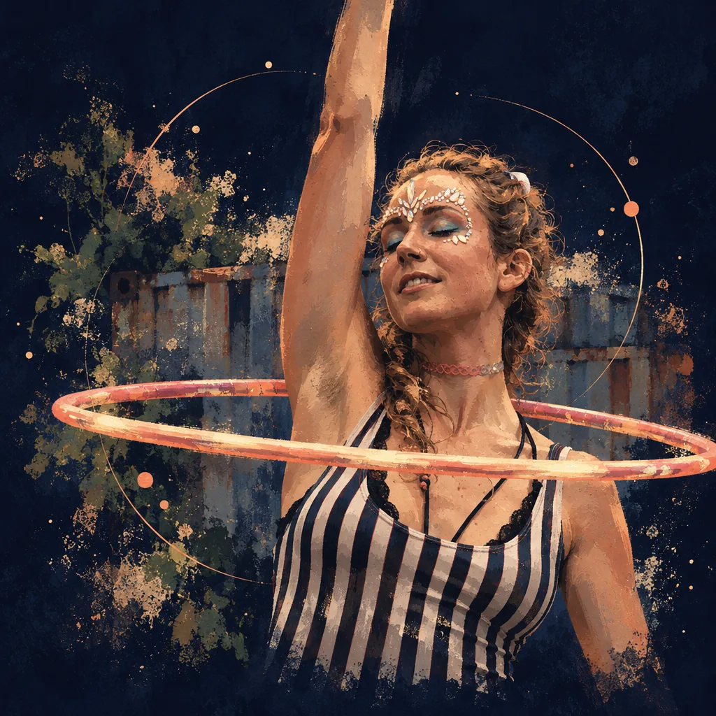 Illustration of a woman with face jewellery spinning a hula hoop, one arm raised