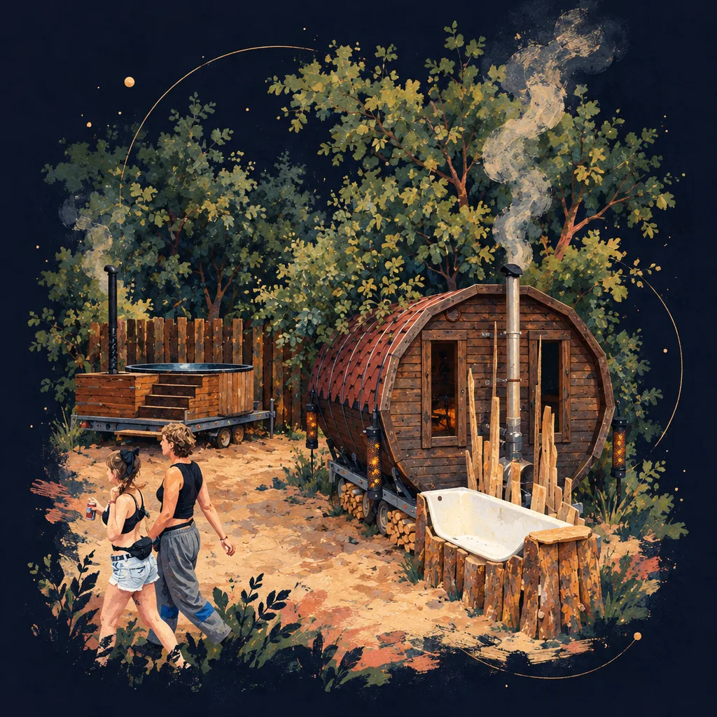 Illustration of a barrel sauna and a bathtub on sandy ground between trees, two people walking past