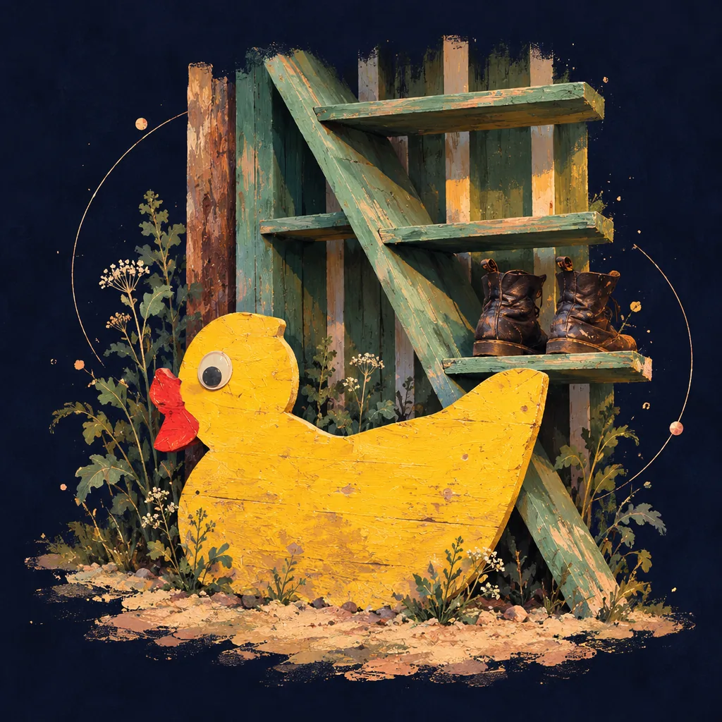 Painted yellow wooden duck leaning on a green wooden frame with a pair of boots