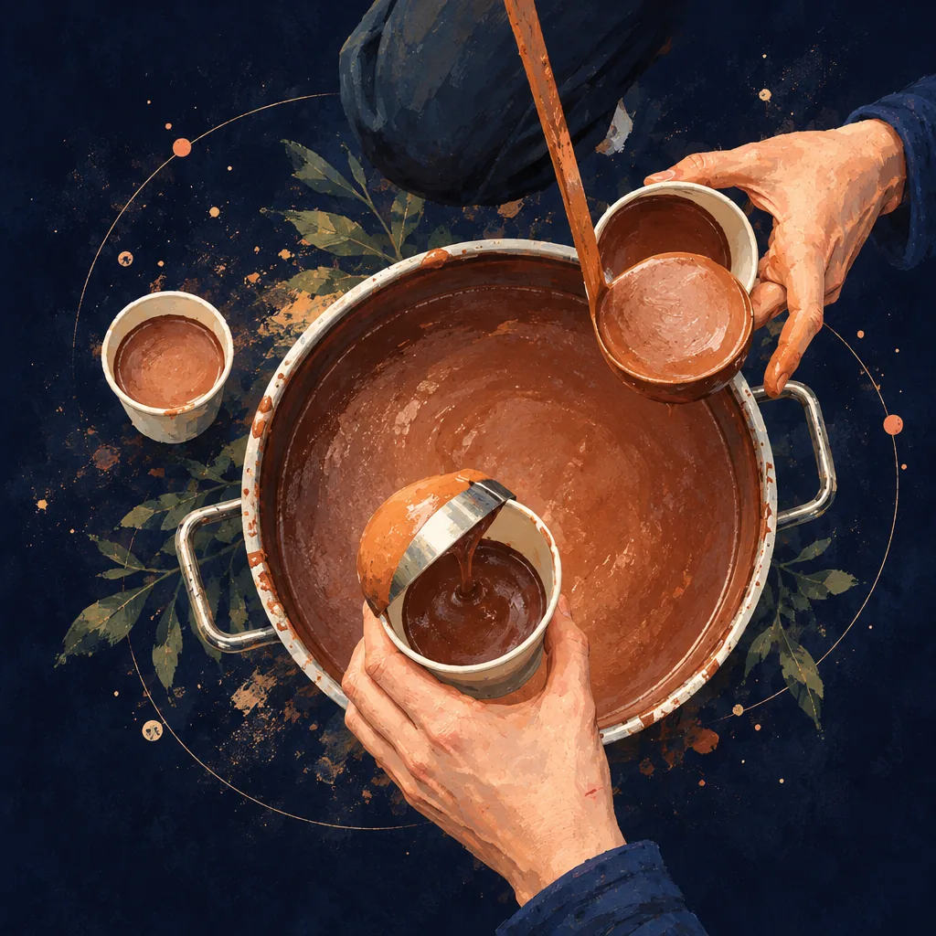 Illustration of cacao being ladled from a large pot into paper cups