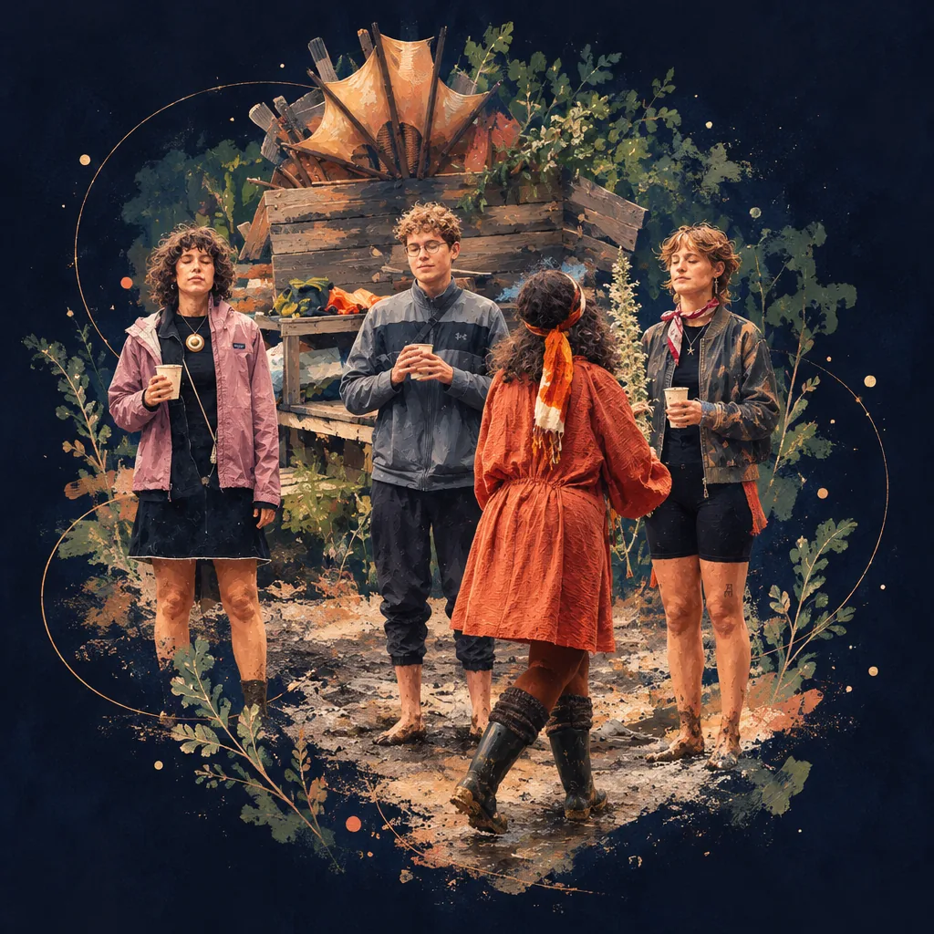 Illustration of a small group standing together with cups in a forest clearing