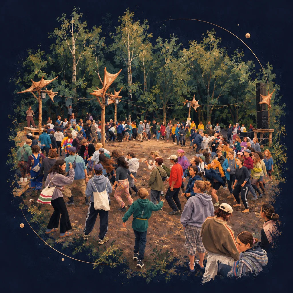 Illustration of a crowd dancing in a forest clearing by day, flags between the trees