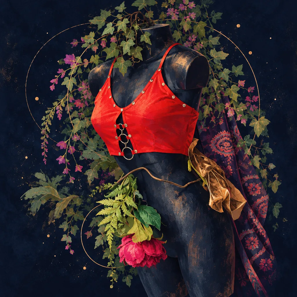 Painted red top on a dark mannequin, wrapped in vines and flowers