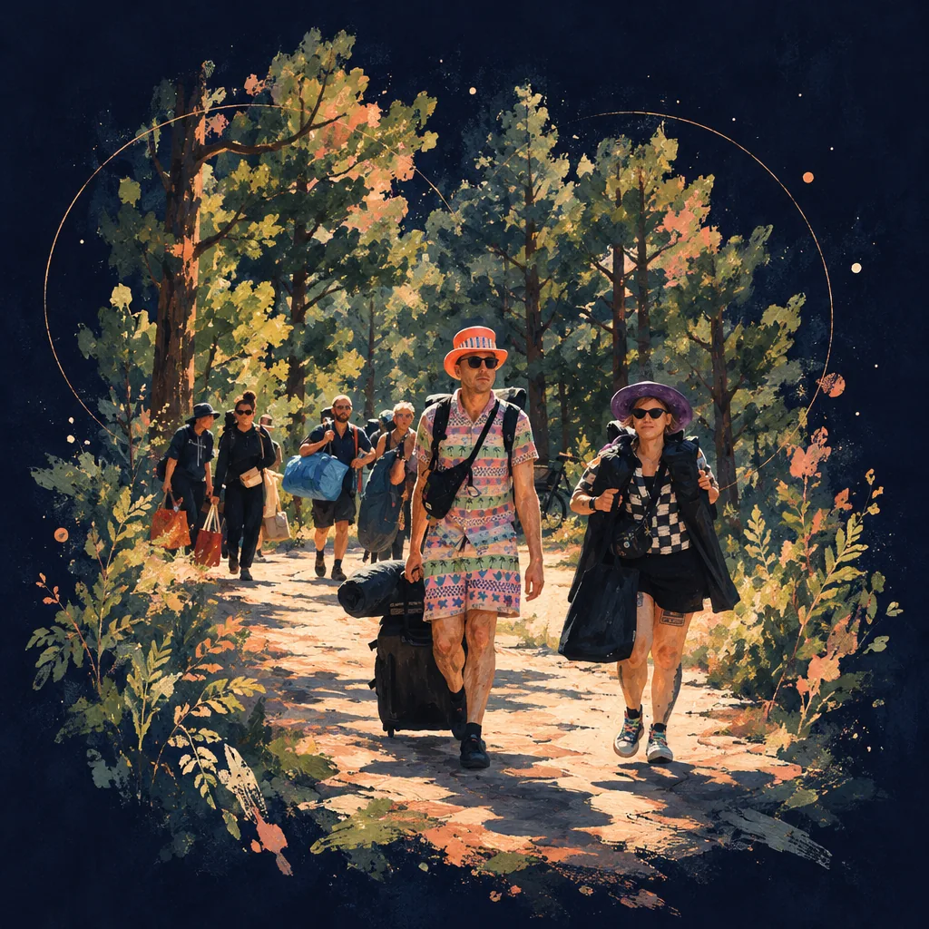 Illustration of festival guests with bags walking along a sandy path through a pine forest
