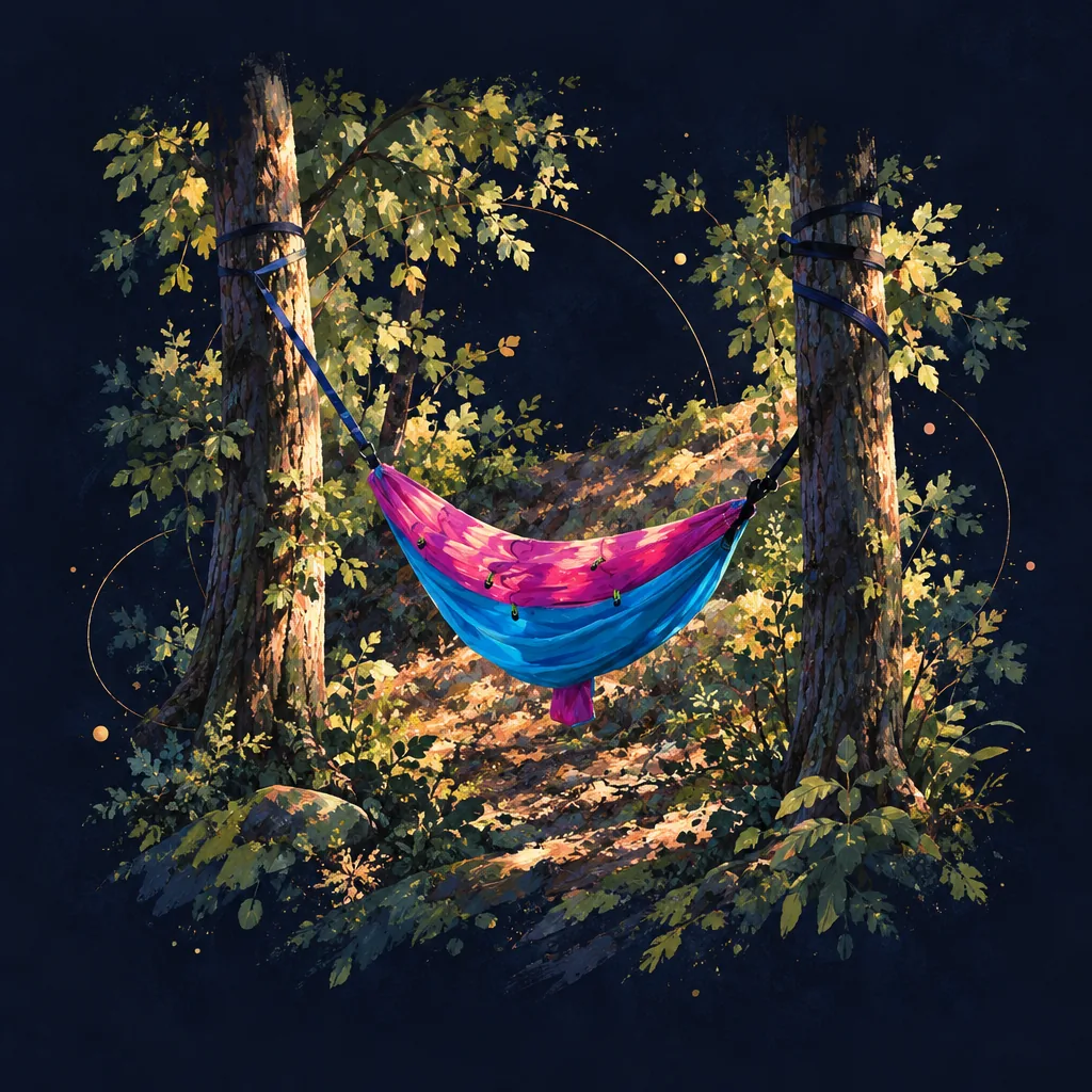 Illustration of a pink and blue hammock between two trees in the forest