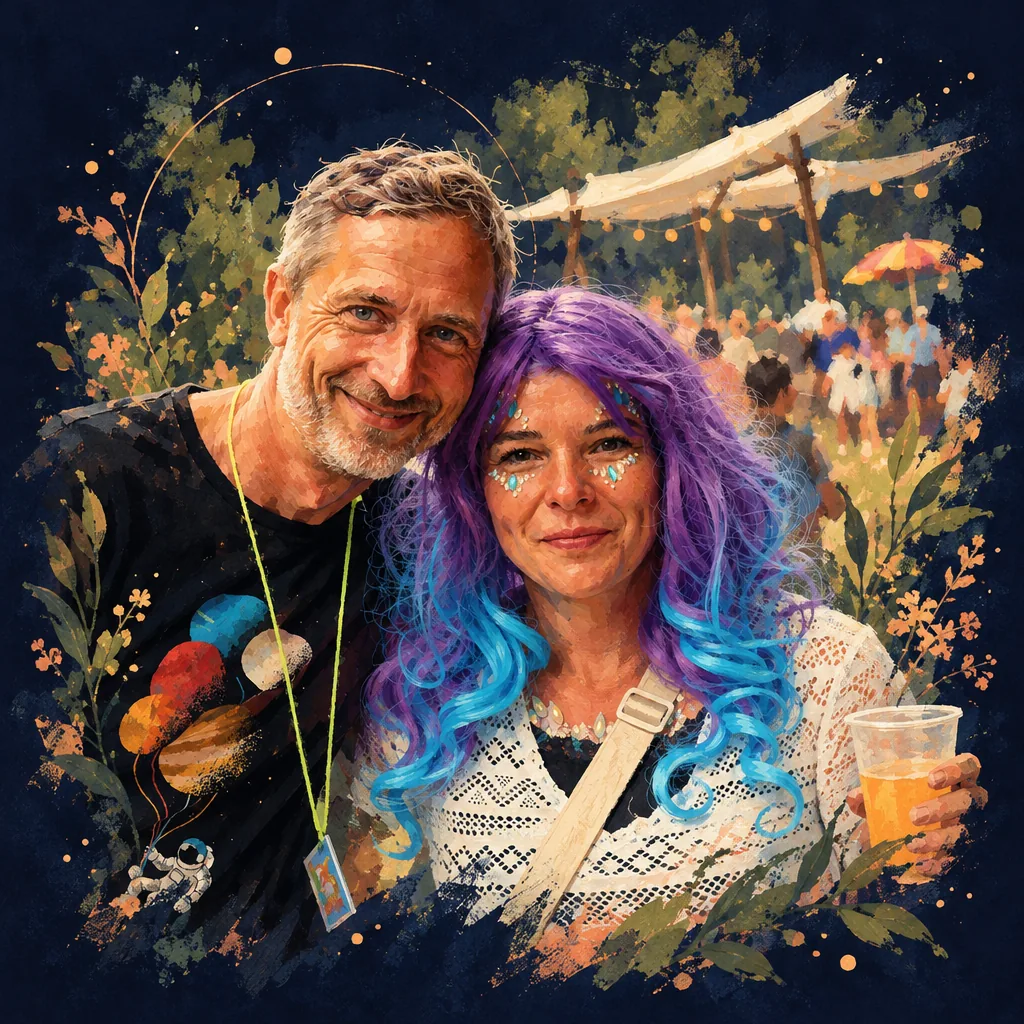 Illustration of two smiling people, one with a purple wig, in front of a festival bar