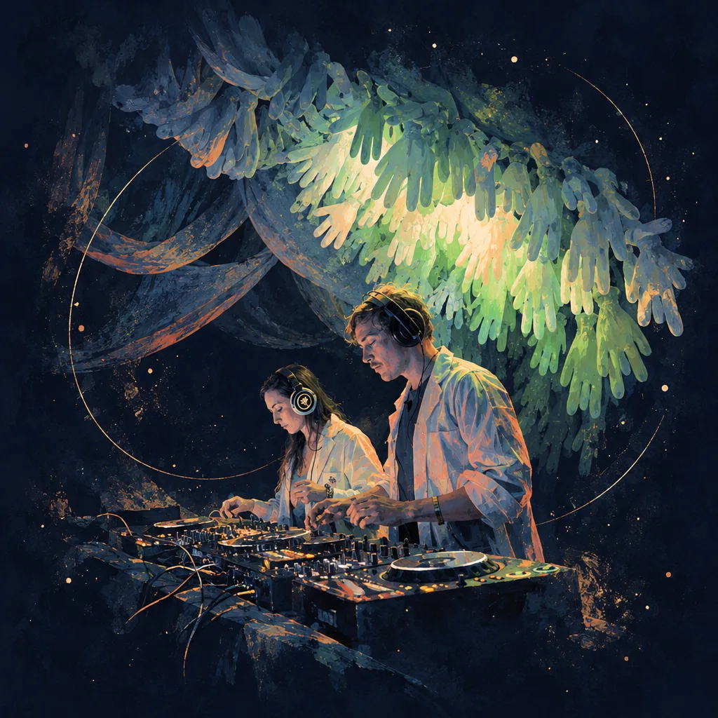 Illustration of two people at a DJ desk under a colourful hanging fabric installation